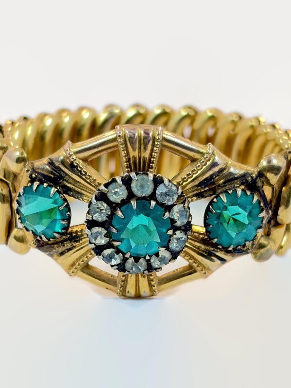 Sweetheart Bracelet, Expansion, RARE, GF, Sterling, Green, Glass, Vintage